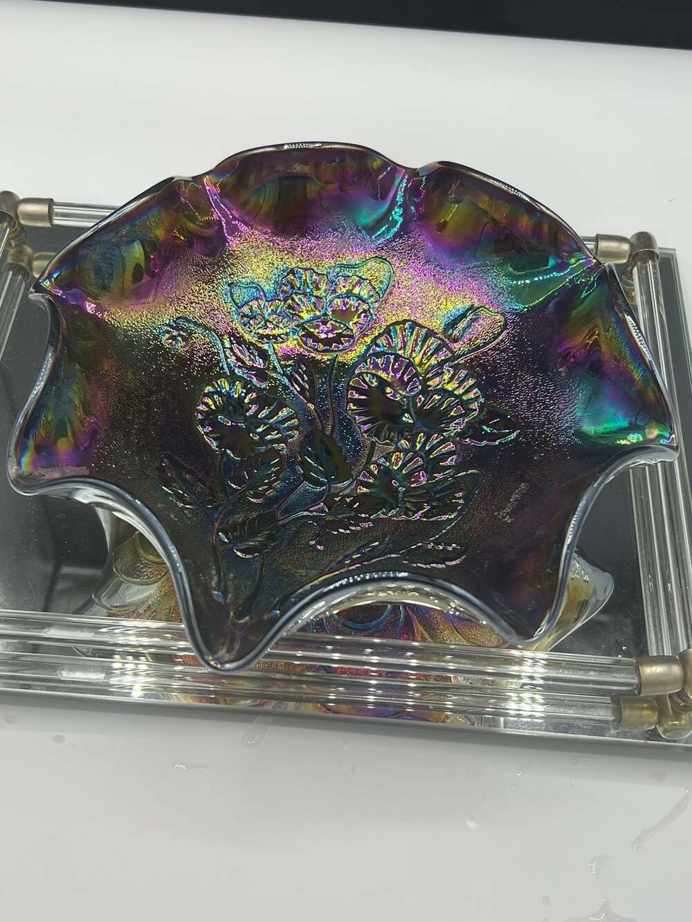 Vintage Imperial Pansy Carnival Glass Ruffled Edge Bowl - Amethyst Blue